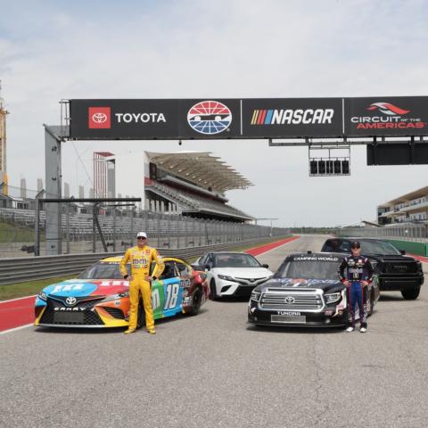 Toyota Racing drivers Kyle Busch (NCS), John Hunter Nemechek (NCWTS) and Daniel Hemric (NXS) pose for a photo alongside their Toyota stock cars and production vehicles at Circuit of The Americas in advance of next month's inaugural NASCAR at COTA race weekend.