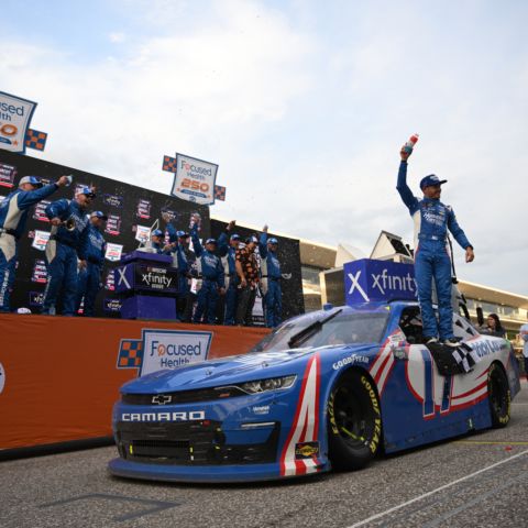 Kyle Larson celebrates in Victory Lane after a wild, double-overtime finish in Saturday’s NASCAR Xfinity Series Focused Health 250 race at Circuit of The Americas outside of Austin, Texas.