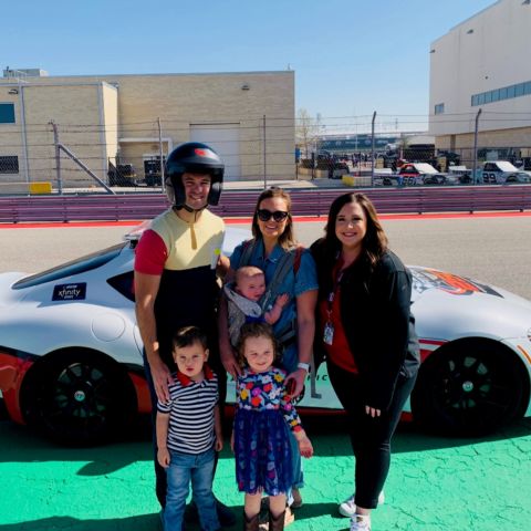 Texas Chapter of Speedway Children’s Charities Executive Director Marissa Chaney (far right) with Carson and Megan McReynolds and their children Lyla, Brooks and Brady after Carson enjoyed a few laps around Circuit of The Americas in March 2022 as part of the fundraising efforts to support Austin-area children in need through Speedway Children’s Charities.