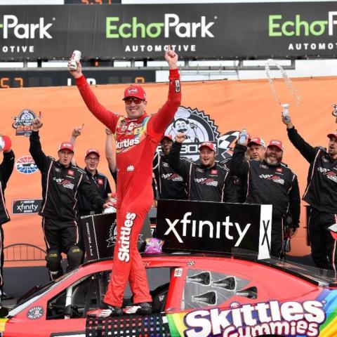 Pit Boss 250 winner Kyle Busch celebrates in Victory Lane Saturday at Circuit of The Americas after winning the NASCAR Xfinity Series race at the Austin, Texas purpose-built road course.