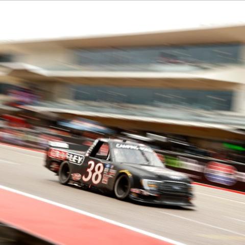 Todd Gilliland (38) earned an extra $50,000 bonus with the Camping World Truck Series Triple Truck Challenge for winning Saturday's Toyota Tundra 225 at Circuit of The Americas near Austin, Texas.