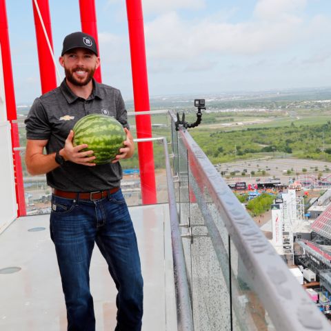 Defending EchoPark Automotive Grand Prix winner Ross Chastain threw watermelons – his trademark victory celebration – off the 251-foot observation tower at Circuit of The Americas on Friday, March 24, 2023, as NASCAR returns to Austin, Texas.