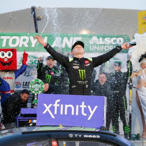 Ty Gibbs celebrates in victory lane after earning his first NASCAR Xfinity Series win of the 2022 season at Las Vegas Motor Speedway on March 5, 2022.