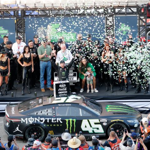 Tyler Reddick celebrates his first win of the season and the first for his 23XI Racing team this year at the EchoPark Automotive Grand Prix at Circuit of The Americas on Sunday, March 26, 2023 in Austin, Texas.