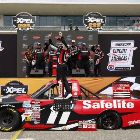 TRICON Garage driver Corey Heim celebrates winning the XPEL 225 NASCAR CRAFTSMAN Truck Series race at Circuit of The Americas outside of Austin, Texas on Saturday.